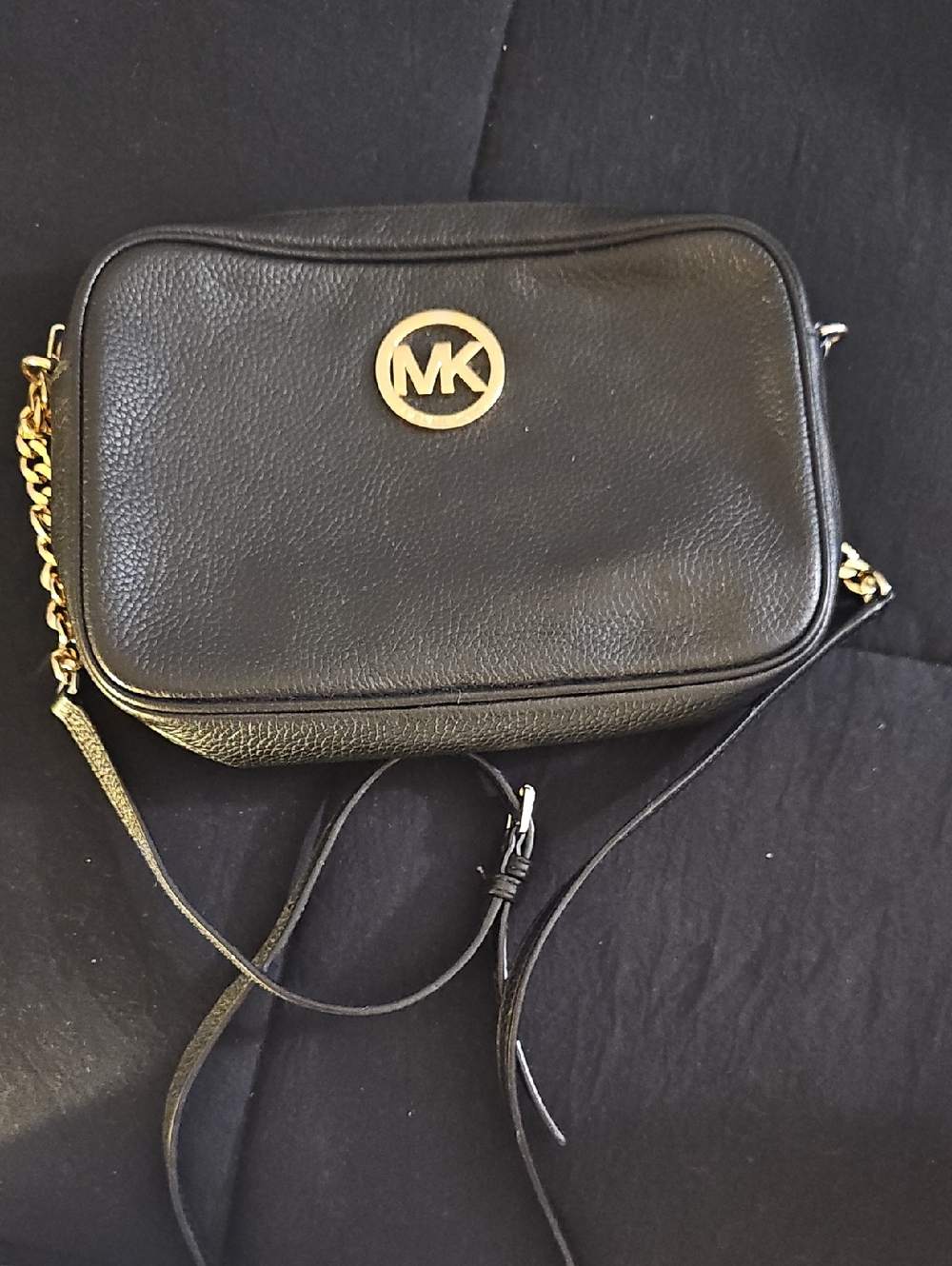 Michael Kors Black Pebbled Leather Crossbody with Gold MK Logo
